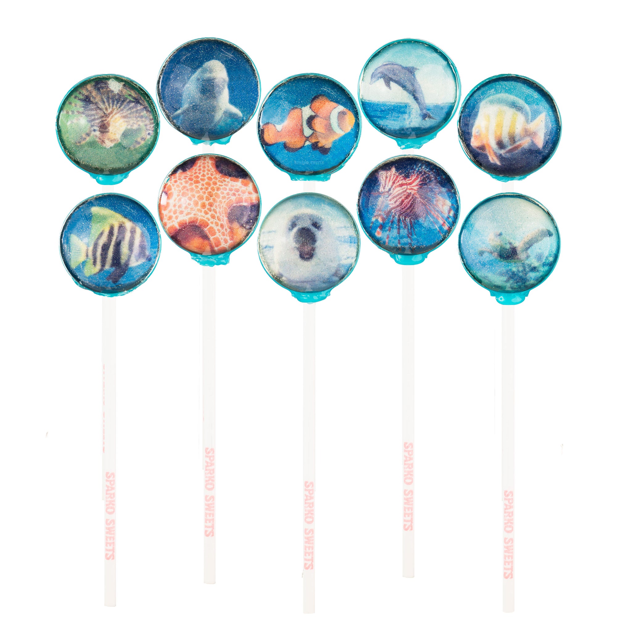 Sparko Sweets Aqua Lollipops, Sea Animals and Fishes, Made in Los Angeles, Perfect for Birthday, Under the Sea Celebrations, Mermaid & Baby Shark Parties, Gender Reveals