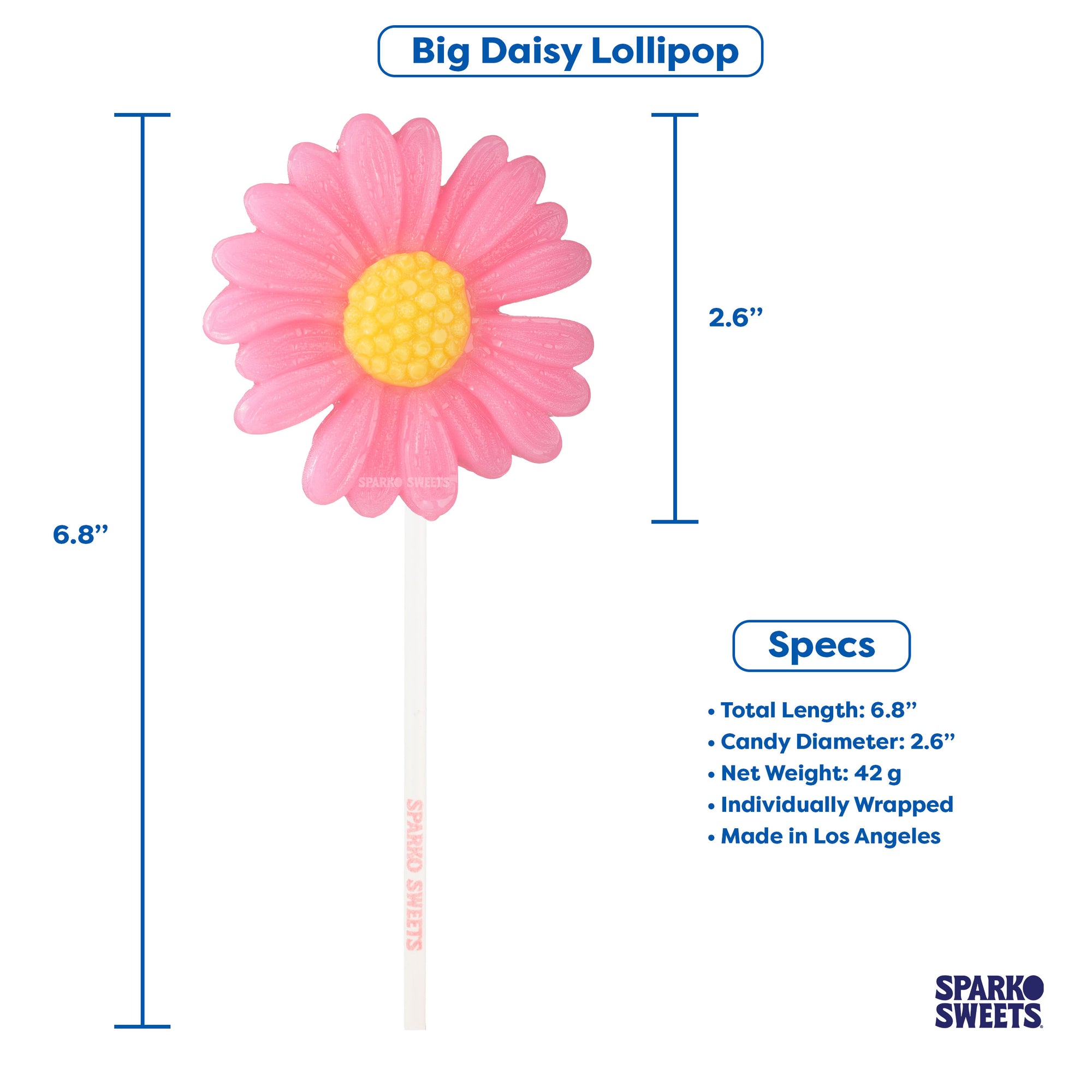 Sparko Sweets Big Daisy Lollipops, Specification Sheet, Made in Los Angeles