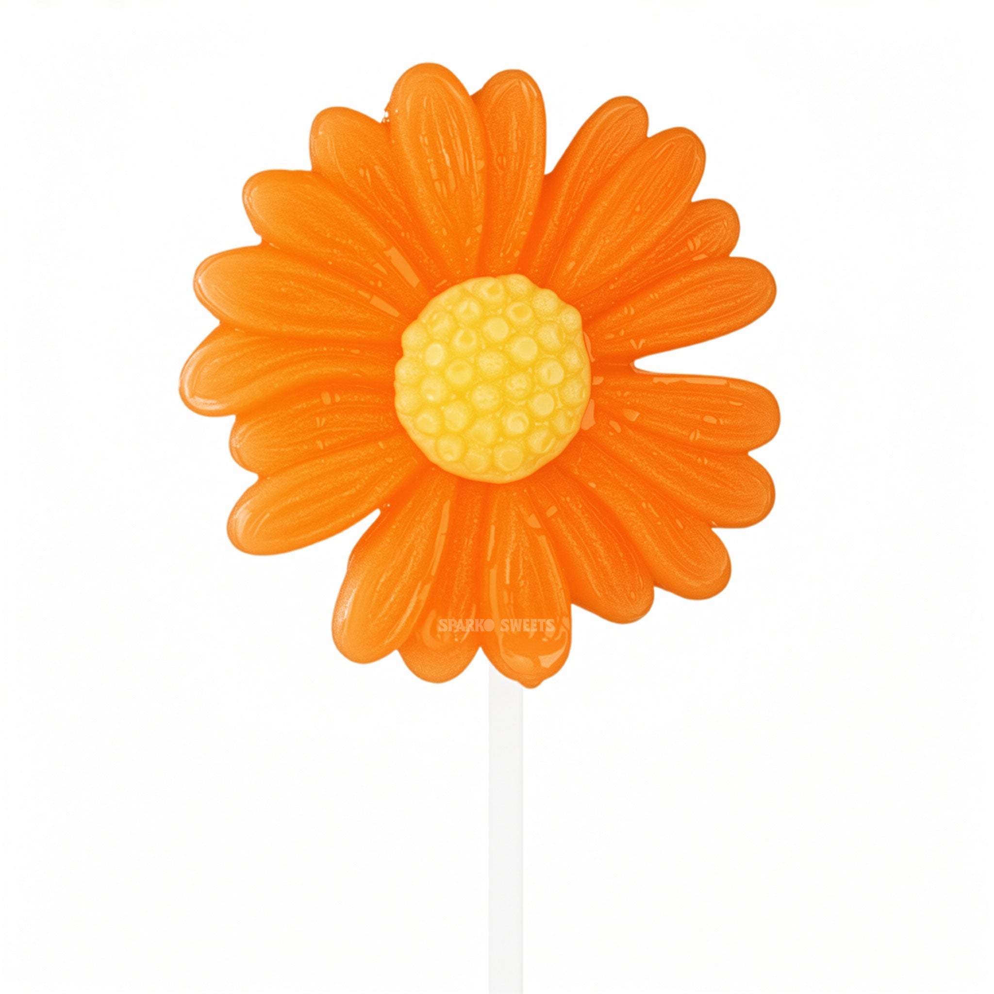 Sparko Sweets Big Orange Daisy Lollipops, Made in Los Angeles, 2" Lollipop Diameter, Perfect for Birthday Parties, Halloween, La Catrina, Spring Celebrations, Easter Gatherings, Corporate Events, and Promotional Giveaways