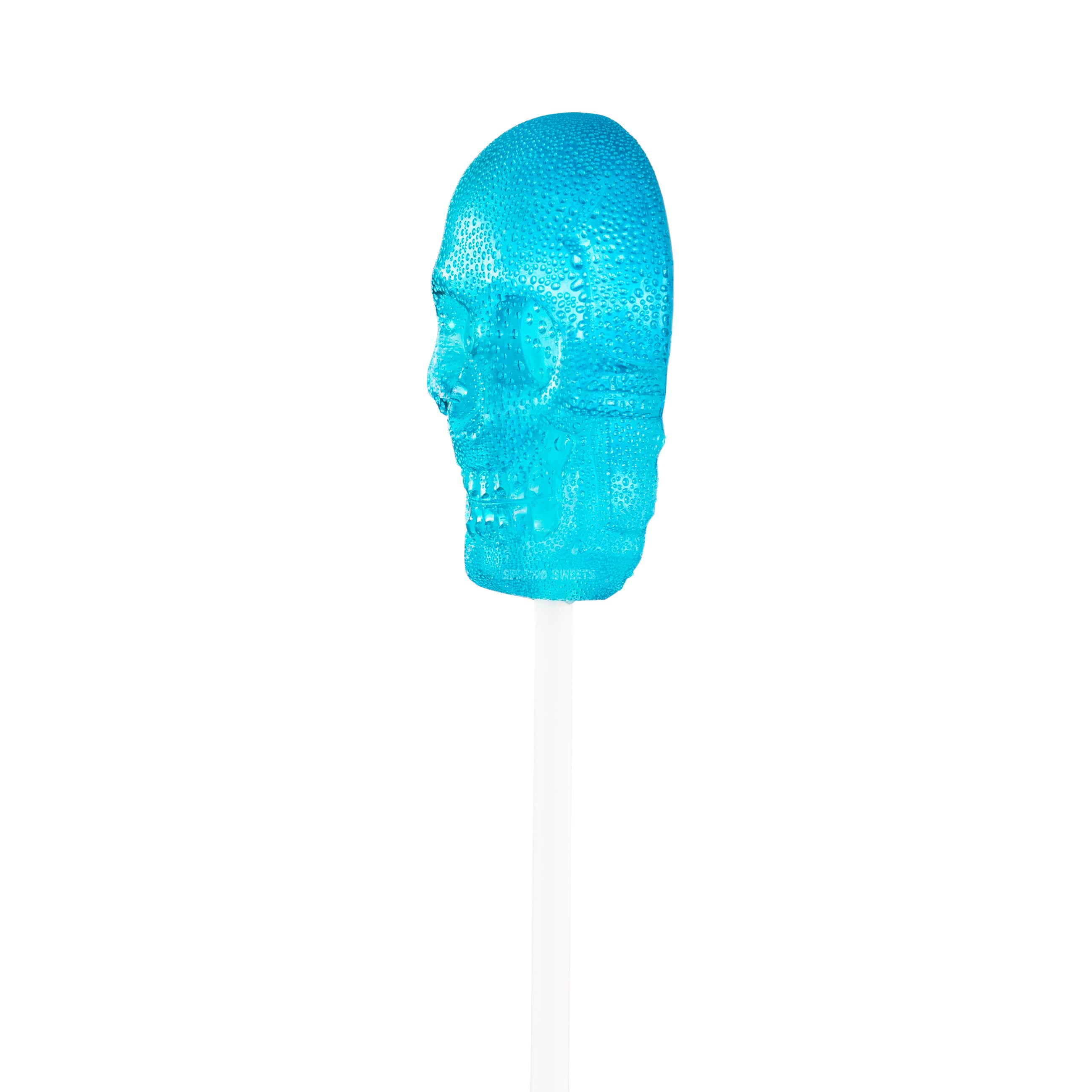 Sparko Sweets Blue Sugar Skull Lollipops, Left Angle, Made in Los Angeles, Perfect for Halloween, Winter, Holiday Party Favors, Birthday Celebrations, Gag Gifts, Corporate Events, and Promotional Giveaways