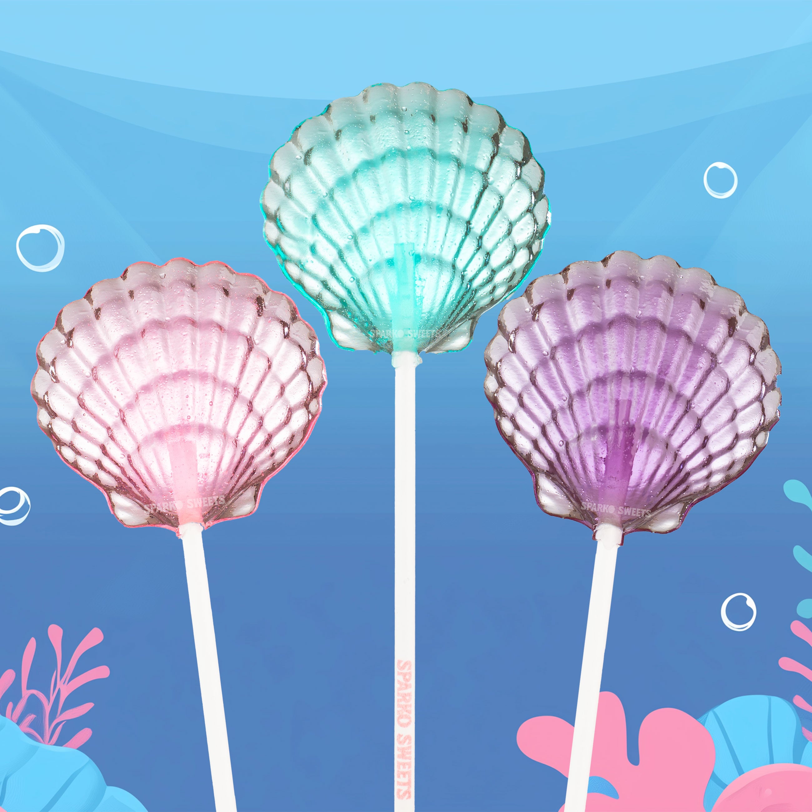 Sparko Sweets Clam Shell Lollipops, Made in Los Angeles - Ideal for Birthday and Mermaid Parties, Beach Celebrations