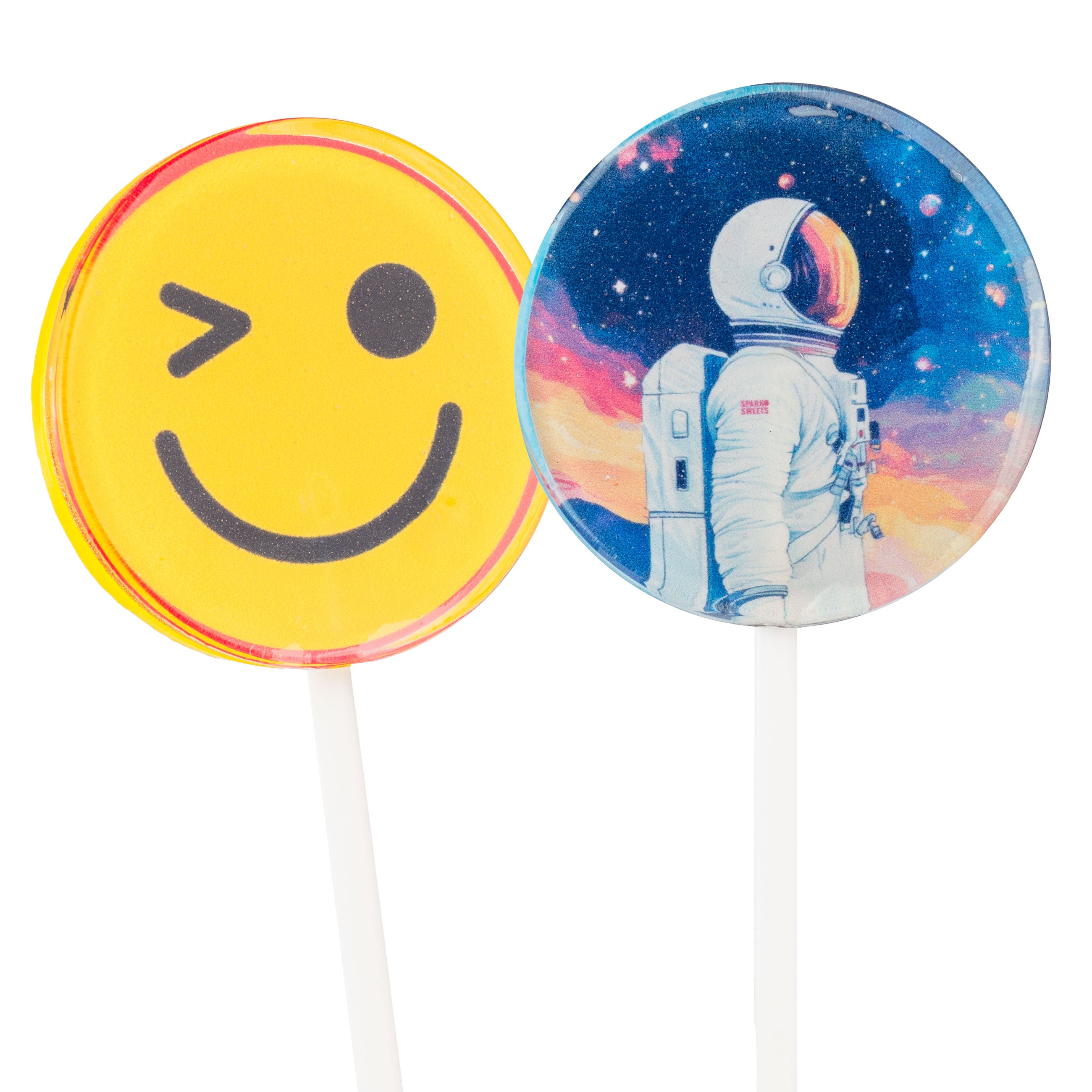 Sparko Sweets Custom Lollipops - Spaceman and Smilie Face, Made in Los Angeles - Ideal for Corporate Events, Promotions, and Gifts