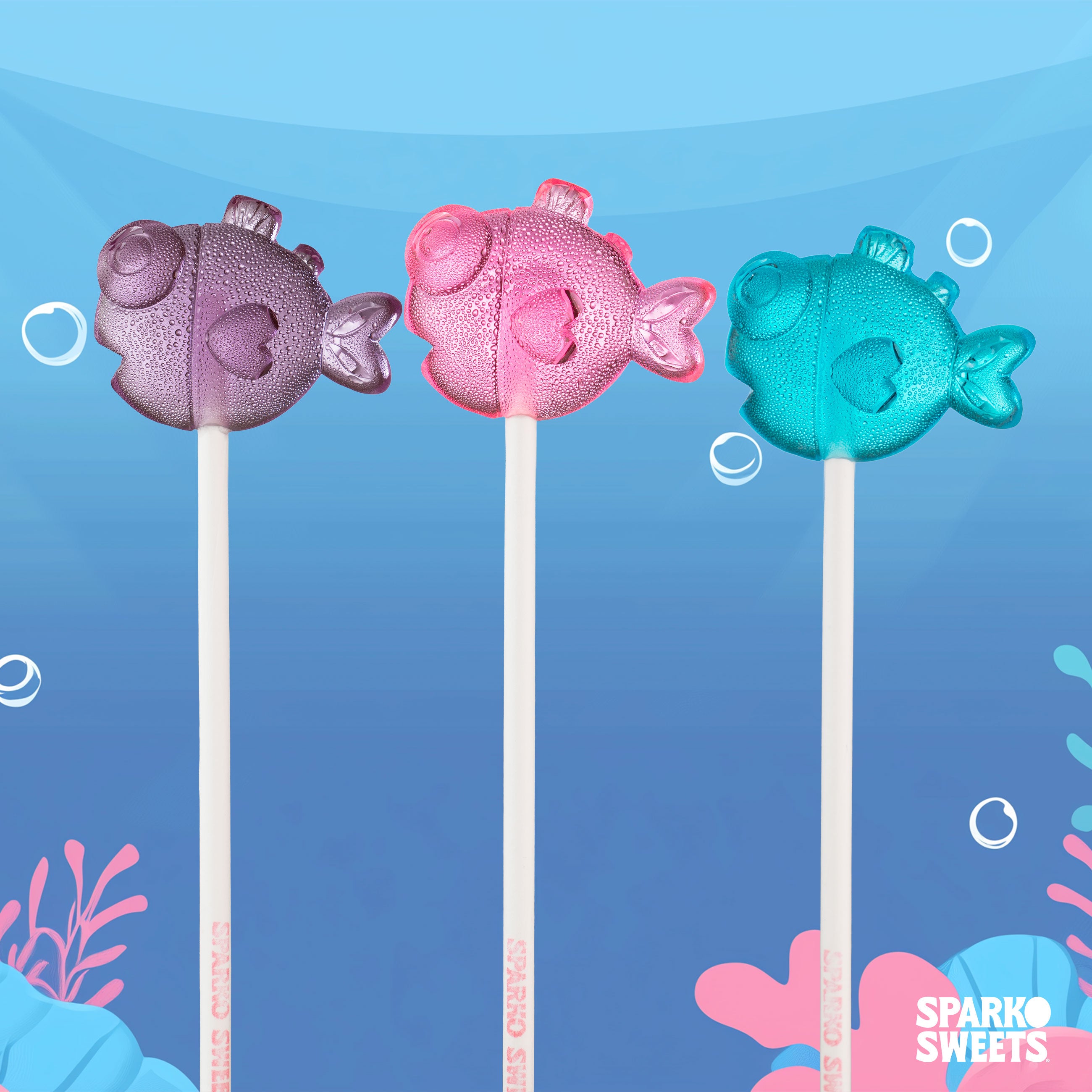 Sparko Sweets Bubble Fish Lollipops in the Sea, Made in Los Angeles, Blue Raspberry Flavor, Perfect for Valentine's Day, Baby Shower, Summer Gathering, Corporate Event, Promotional Giveaway, Restaurant Reception