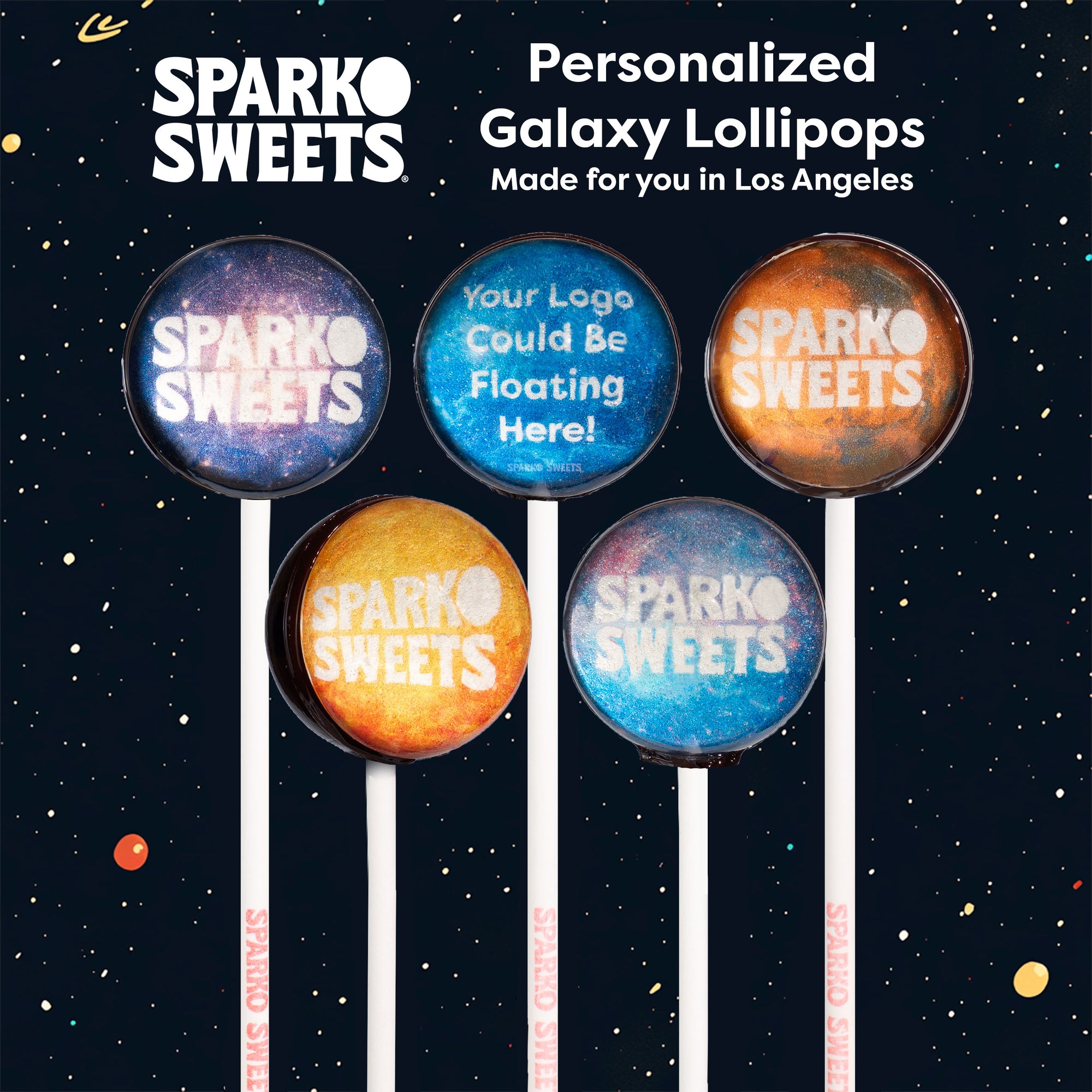 Sparko Sweets Custom Galaxy Lollipops, Made in Los Angeles, Ideal for Space Parties, Celebrations, and Promotional Giveaways