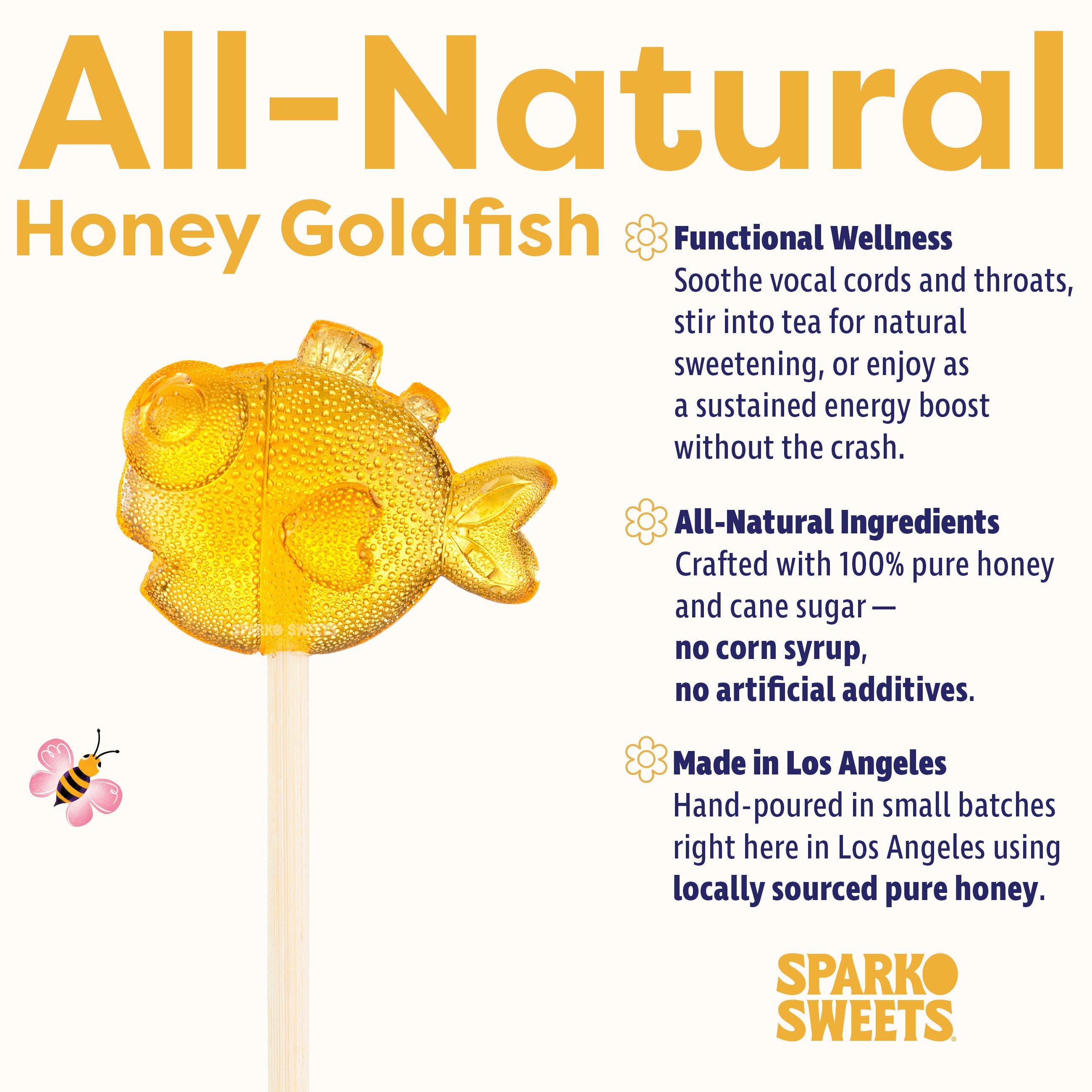 Sparko Sweets All-Natural Honey Goldfish Lollipops, Made in Los Angeles, No Artificial Ingredients, No Corn Syrup - Ideal for Throat Soother, Tea Stirrer, Natural Sweet Treat, and Natural Energy Booster