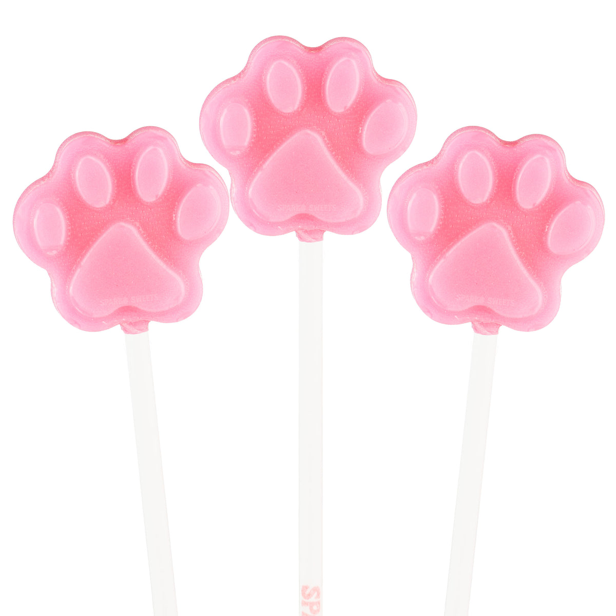 Three pink paw print lollipops by Sparko Sweets