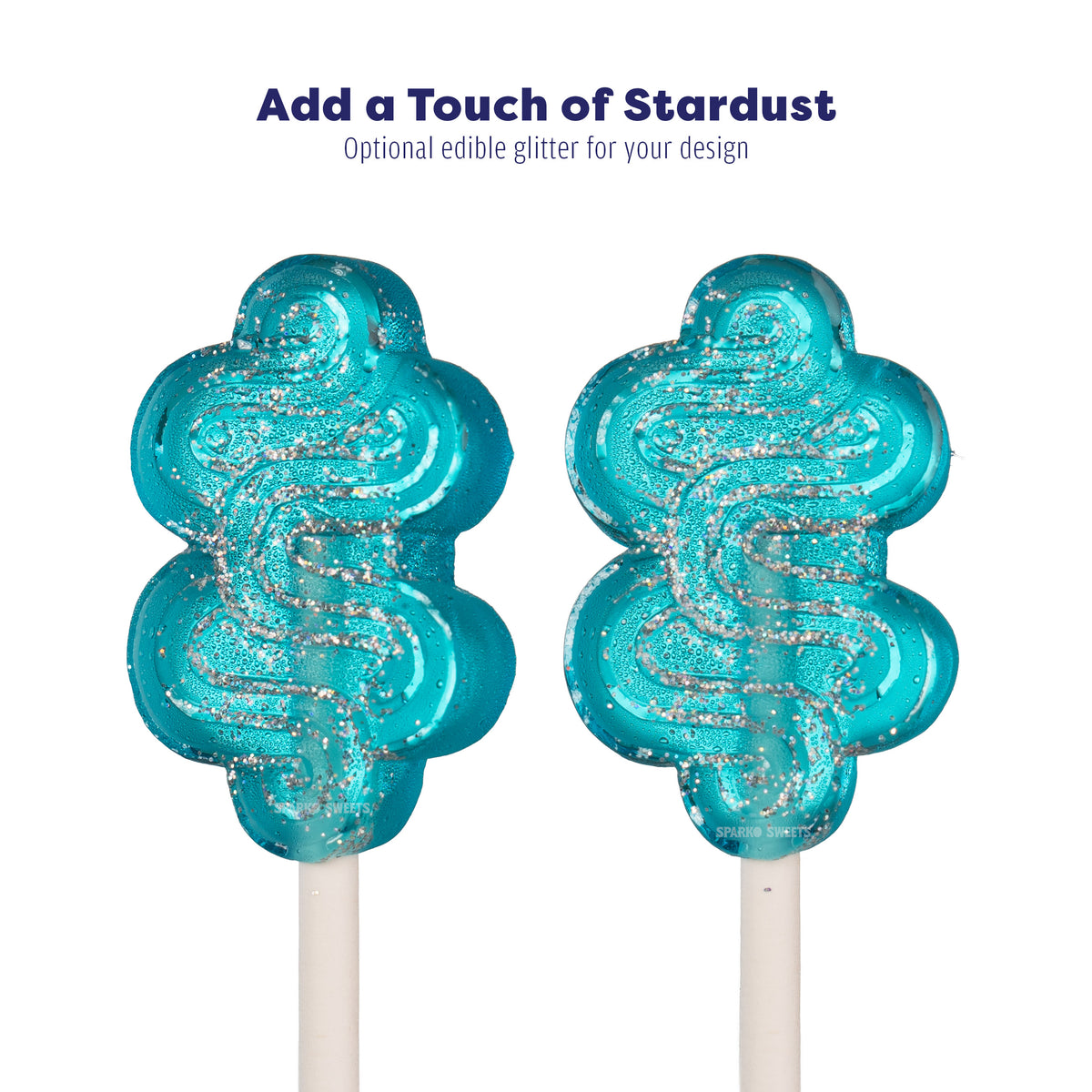 Sparko Sweets Custom Shape Lollipops with Glitter, Made in Los Angeles, Perfect for Brand Activations, Corporate Giveaways, Parties, and Celebrations.