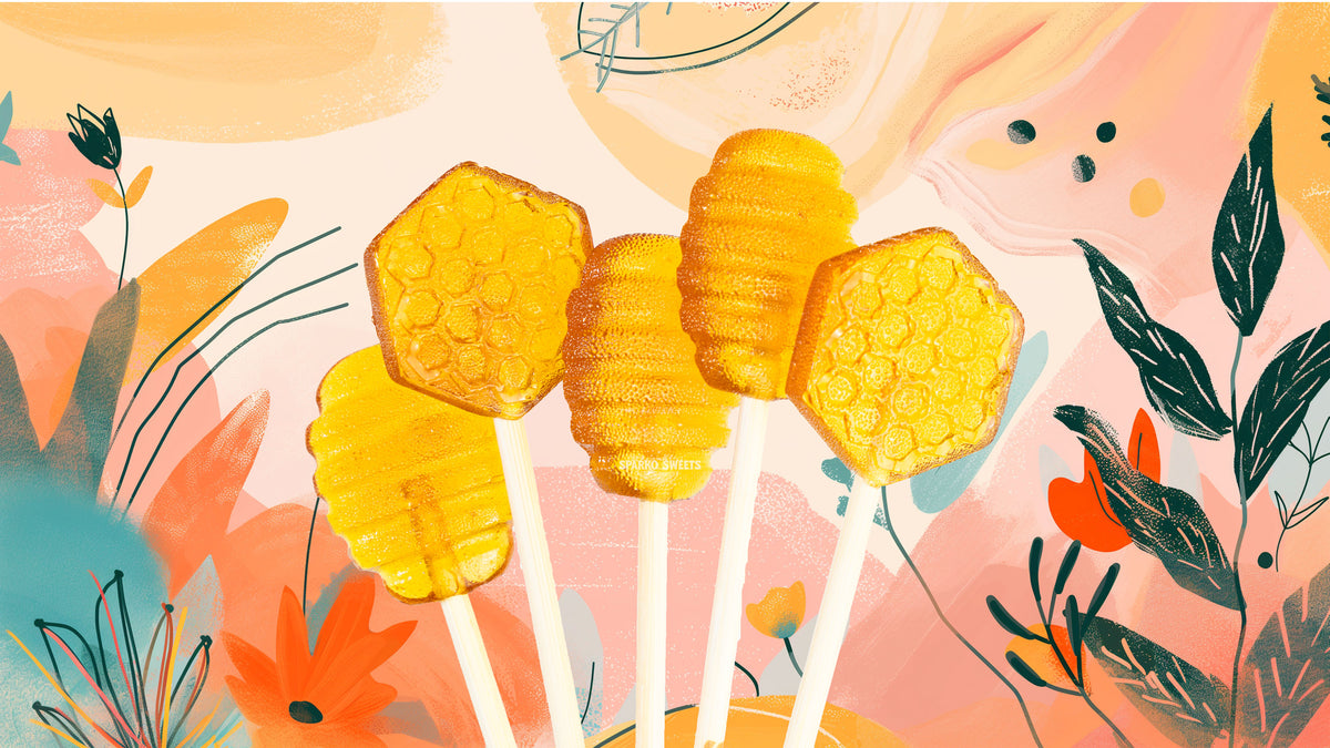 Handcrafted honeycomb-shaped Sparko Sweets lollipops on paper sticks