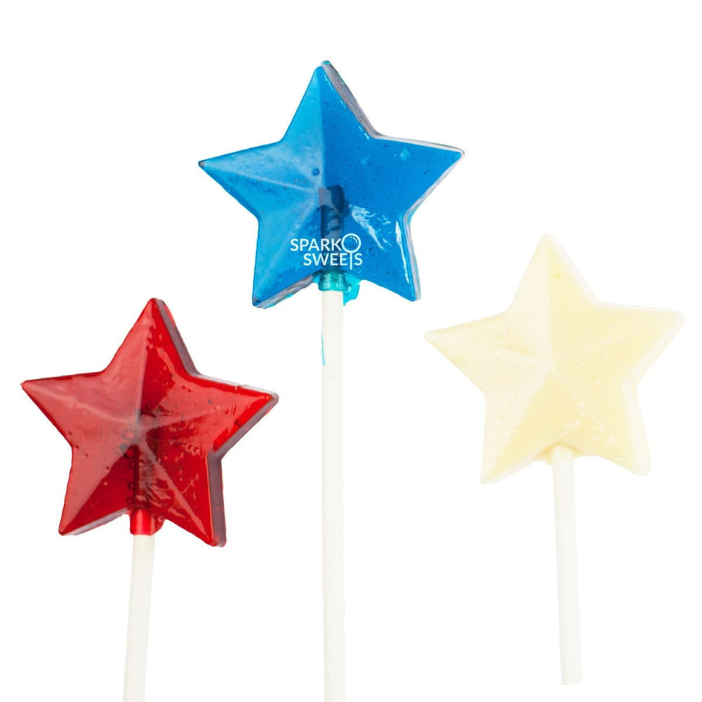 
            
                Load image into Gallery viewer, Red White Blue 4th of July Star Lollipops (24 Pieces) - Sparko Sweets
            
        